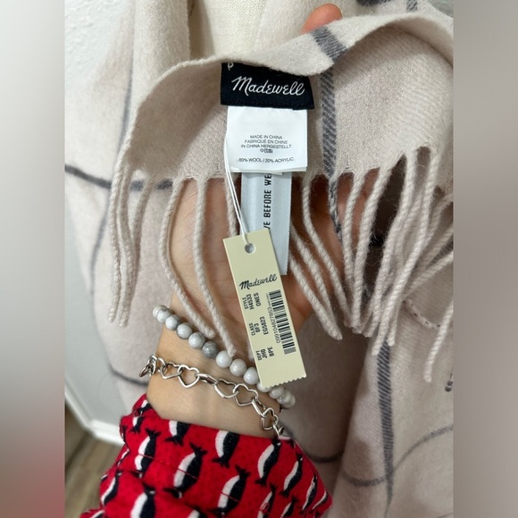 Madewell Check Cape Scarf Fringed Long Wrap Shawl Cape Wrap Neutral NEW Wool - Picture 5 of 7
